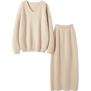 气场全开~重磅加厚！纯山羊绒衫女宽松V领毛衣半身裙休闲羊绒套装