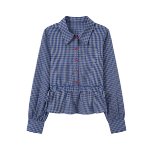 奶油的宇宙 绑带荷叶边蓝色格纹polo领长袖衬衫女学院风收腰衬衣