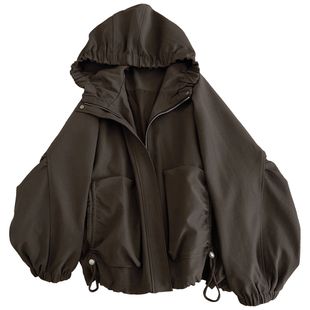 特大码300斤灰色连帽外套男女秋季美式复古中性风宽松工装夹克潮