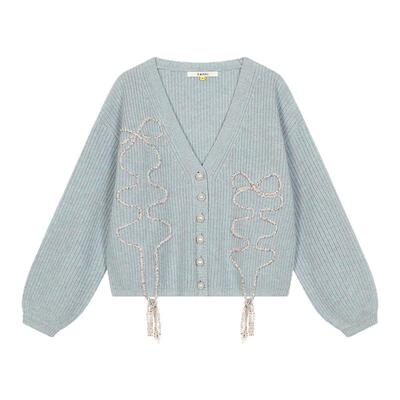 tanni珍珠织带棉羊毛针织开衫