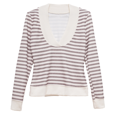 ohmyloli 美式复古交叠深v领华夫格条纹印花长袖修身打底衫