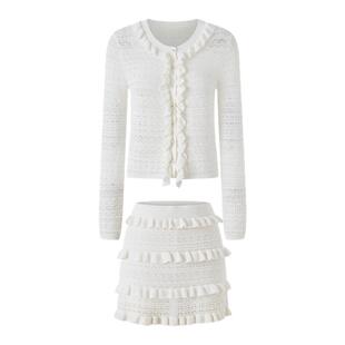 Diana vevina 2026春夏新款荷叶边镂空针织开衫半裙时尚套装女