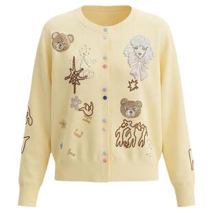 TCH26春款百搭时尚减龄奶黄色烫钻小熊针织开衫上衣女T78A43E1105