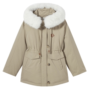 热风女士毛领羽绒服2025年冬季新款中长款收腰户外连帽派克羽绒服