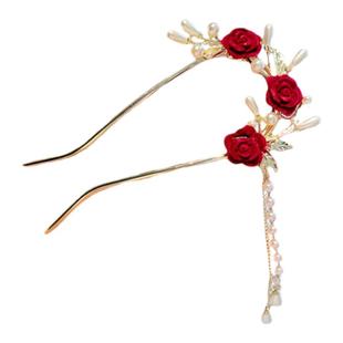 新中式玫瑰花流苏发簪U型珍珠簪子丸子头盘发神器高级感发钗头饰