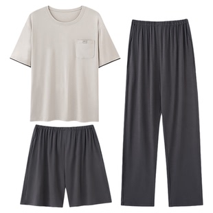 男士睡衣男款夏季2026新款棉绸三件套装短袖长裤薄款简洁家居服男