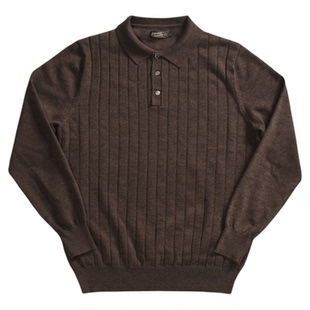 柴米长袖翻领坑条Polo美式复古休闲保暖针织衫T恤男阿美咔叽秋冬