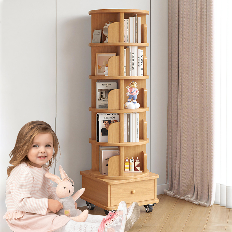 旋转书架落地置物架家用学生置物柜客厅实木柜子可移动360度书柜