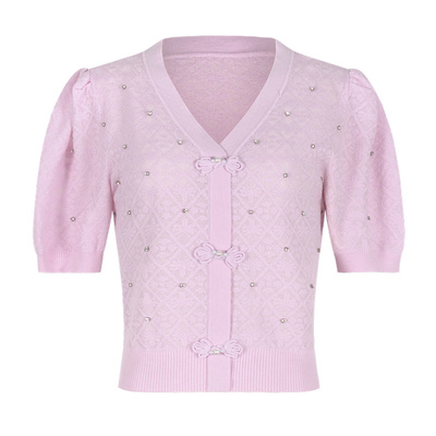 固执v领盘扣提花泡泡短袖针织衫