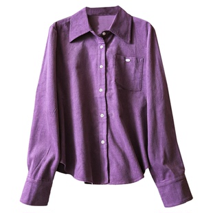 紫色灯芯绒翻领宽松显瘦日常通勤气质百搭长袖休闲女装衬衫Q341