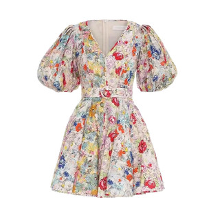 孟子义同款碎花连衣裙V领法式轻奢名媛显瘦收腰甜美印花短裙礼服