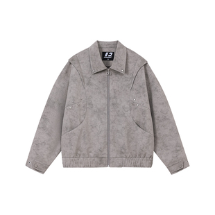 FORNINES暗纹肌理翻领pu皮衣外套男春季潮牌复古微短款夹克女上衣