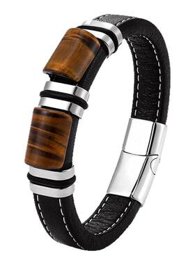 新中式高档黄虎眼石手链男士黑色皮手绳气质高级感复古情侣手环