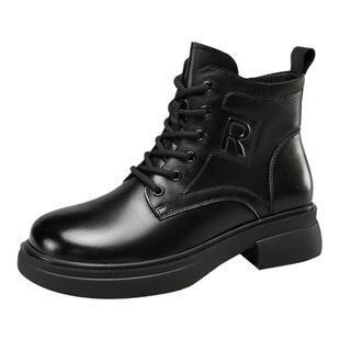 YRC气质真皮高帮靴女冬季新款系带百搭洋气厚底粗跟马丁靴