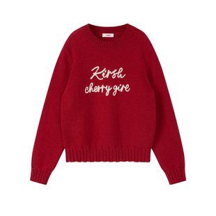 樱桃KIRSH韩系立体绳绣圆领红色毛衣女秋冬甜美字母百搭针织毛衫