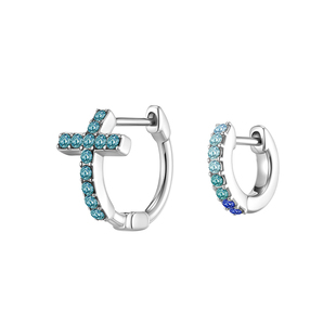 不对称十字架蓝色锆石钛钢圈圈耳环女小众高级感新款爆款耳钉耳饰