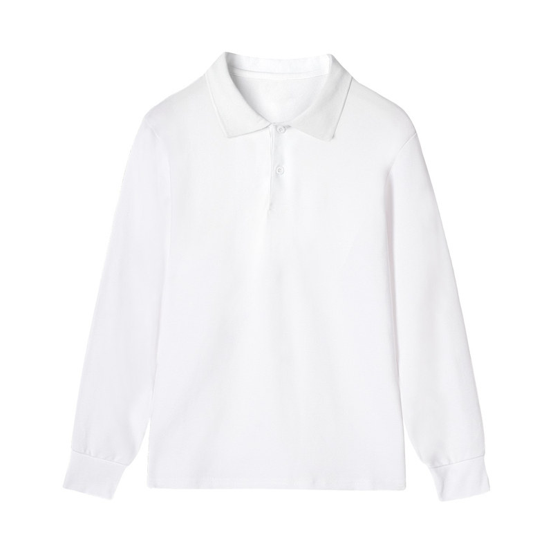 儿童纯棉白色校服polo衫长袖纯棉翻领中大童女童男童白t恤小学生