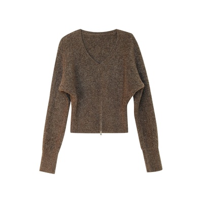 酒窝 棕色长袖V领软糯毛衣女秋冬2025年收腰显瘦百搭上衣
