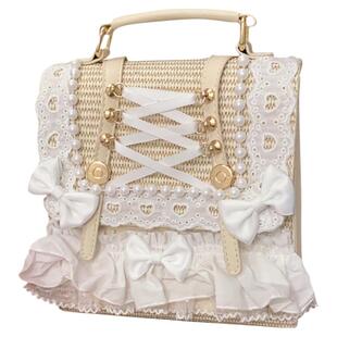 pinkyo原创双色蝴蝶结珍珠缎带可爱草编包甜美田园风双肩手提包包