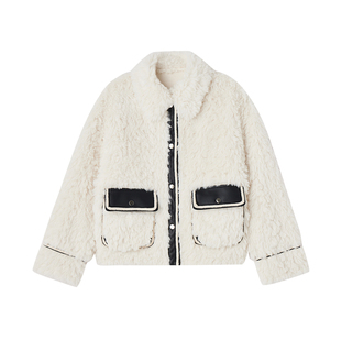 古木夕羊时尚撞色拼接外套女冬季小香风毛呢保暖外套