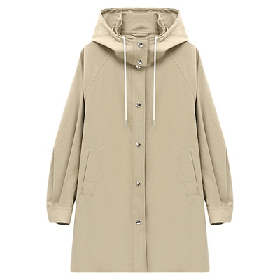 Basic House/百家好松弛感时髦纯色天丝抽绳连帽廓形长款风衣外套