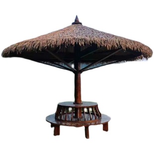 实木蘑菇斗笠亭户外圆形茅草伞亭防腐木单柱遮阳木伞沙滩稻草亭子