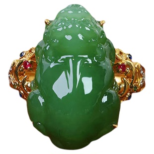 年货节礼天然和田玉戒指女a老阳绿碧玉貔貅镶18k金指环招财送长辈