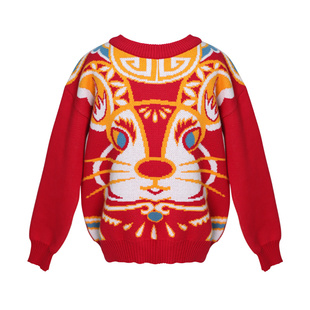 100%纯棉丢手绢童装红色套头毛衣秋冬保暖针织衫百搭儿童兔子上衣