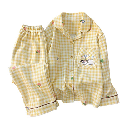 儿童纯棉睡衣女童春秋季长袖开衫翻领女孩居家服卡通亲子装家居服