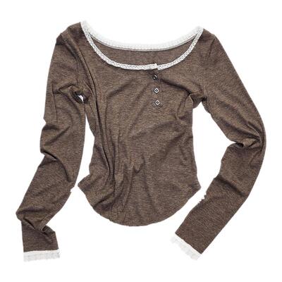 1JINN STUDIO亨利领斜门襟蕾丝花边打底衫女辣妹内搭修身长袖上衣