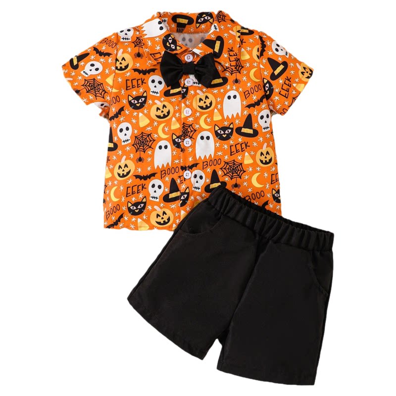BABY HALLOWEEN万圣节中小男童幽灵印花短袖领结衬衫短裤套装跨境