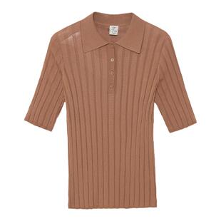 TENGS滕氏女装春夏新款咖色条纹提花短袖针织衫亲肤柔软舒适修身