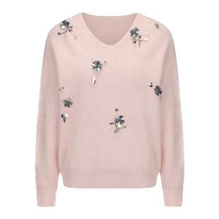 LACERTA 2025秋季新款超柔羊毛针织毛衣亮片点缀V领修身长袖上衣