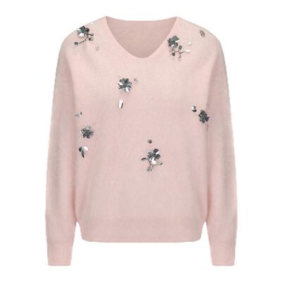 LACERTA 2025秋季新款超柔羊毛针织毛衣亮片点缀V领修身长袖上衣