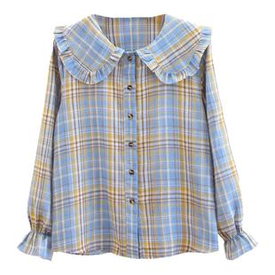娃娃领复古格子衬衫女长袖春秋新款洋气港风法式上衣宽松衬衣外套