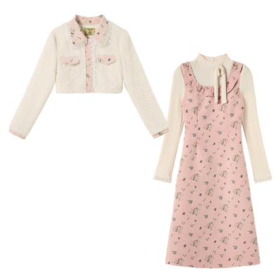 法式千金粉色碎花连衣裙女秋冬