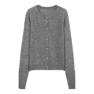 TKY SHOP灰色圆领羊毛针织开衫女2025冬季新款毛衣慵懒高级感上衣