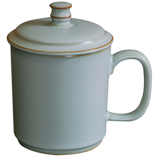 青澹汝窑办公杯景德镇陶瓷杯带盖手工青瓷开片可养礼盒装家用水杯