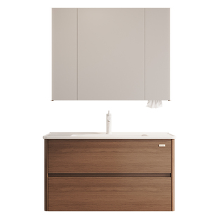 索菲亚松雅中古风不锈钢浴室柜蜂窝铝卫生间胡桃木陶瓷一体盆定制