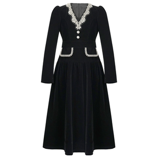 正式场合轻礼服黑色丝绒v领连衣裙女重工钉珠长袖高端收腰a字裙子