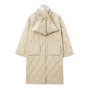 OVV秋冬新款女装大V领配可拆卸围巾中长款鹅绒羽绒服