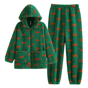 悦内睡衣女款秋冬季冬款珊瑚绒加绒加厚法兰绒家居服冬天保暖连帽