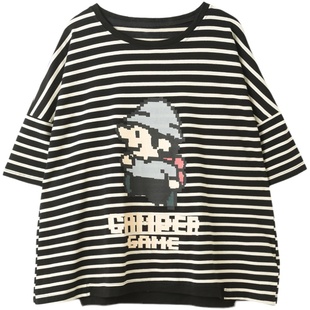 孔雀飞飞夏装新款韩版大码遮肉印花套头时髦洋气女士条纹t恤短袖