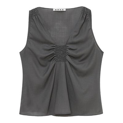 WMWM复古文艺抽褶无袖上衣