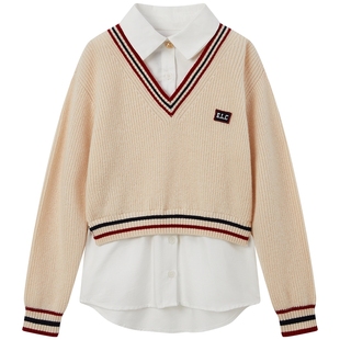 eland kids衣恋童装女童含绵羊毛针织衫秋冬季学院风假两件毛衣