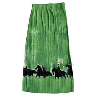 小众设计三宅褶皱印花松紧腰百搭显瘦包裹裙休闲开叉直筒半身裙女