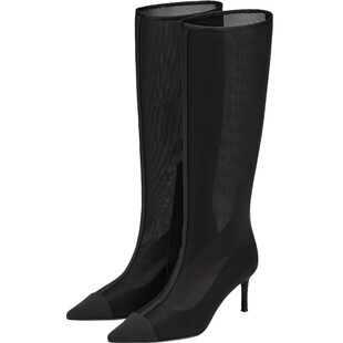 73hours女鞋Kylie冬季新款尖头网纱高跟长筒靴子显瘦时装靴女夏季