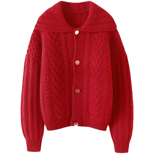 东方韵味!重磅加厚大翻领粗棒针羊绒衫女纯羊绒毛衣针织开衫外套