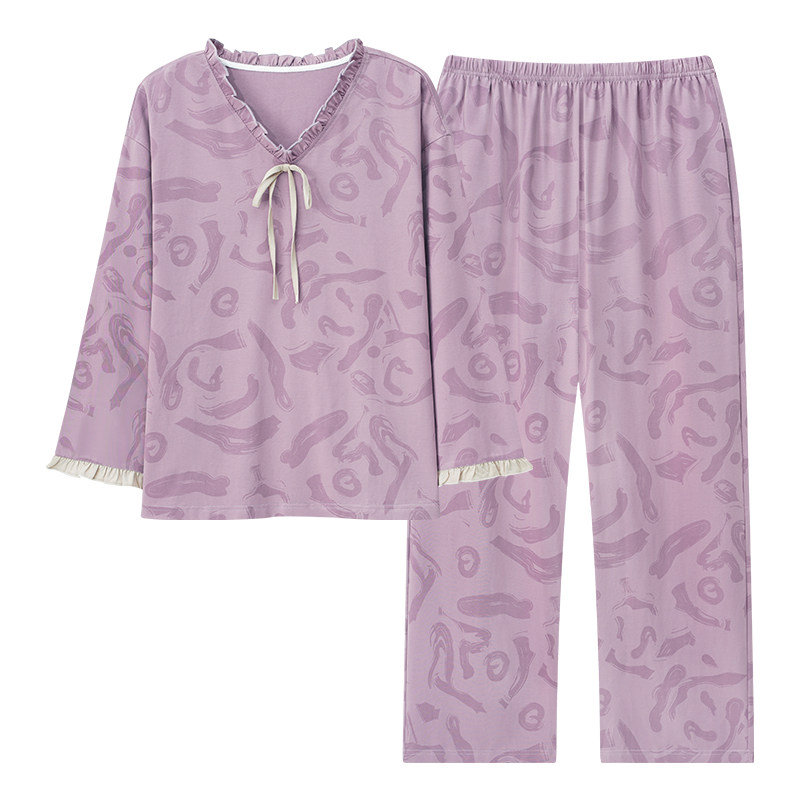 新款春季新款睡衣女纯棉长袖套头V领家居服休闲韩版气质两件套