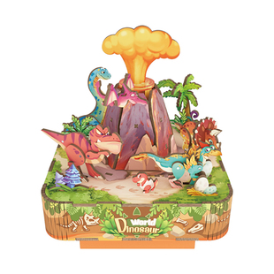 同趣拼装八音盒侏罗纪世界diy手工音乐盒可旋转积木恐龙玩具礼物